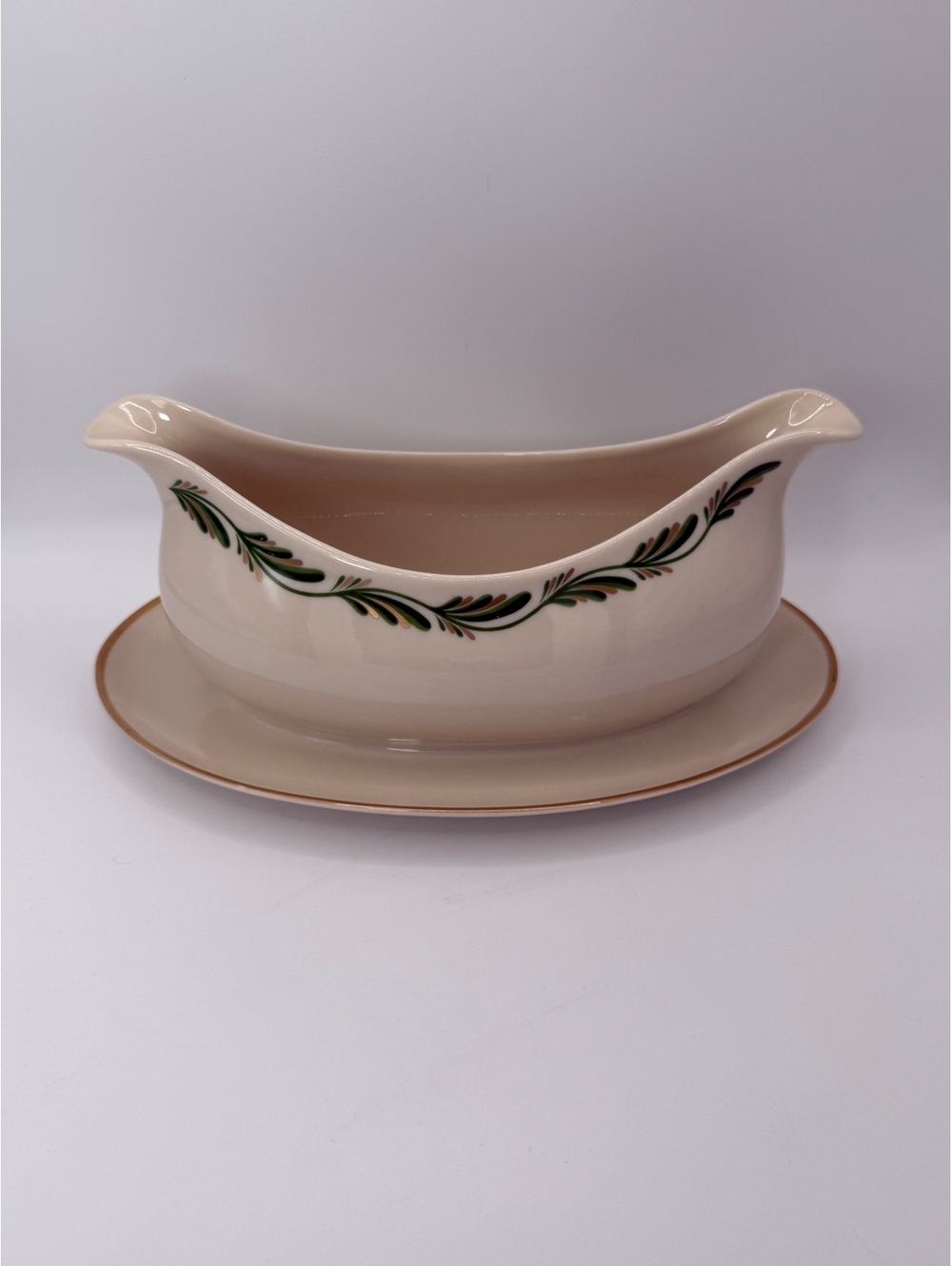 Vintage Franciscan Arcadia Green 9" Gravy Boat Large Decal Underplate